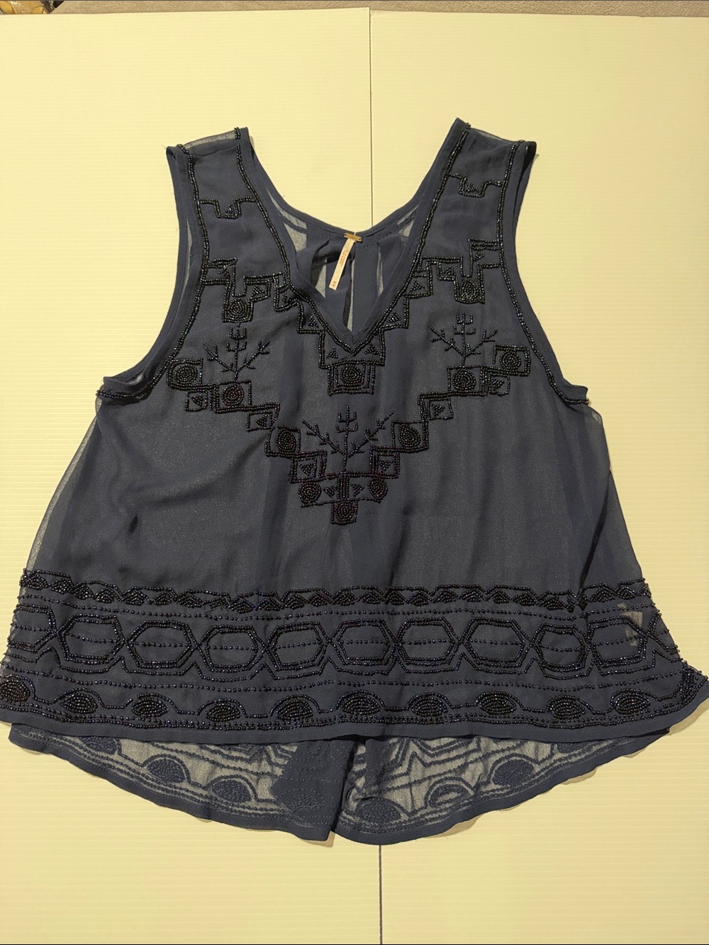 Free People Navy Sheer Beaded V-Neck Sleeveless Top - Medium